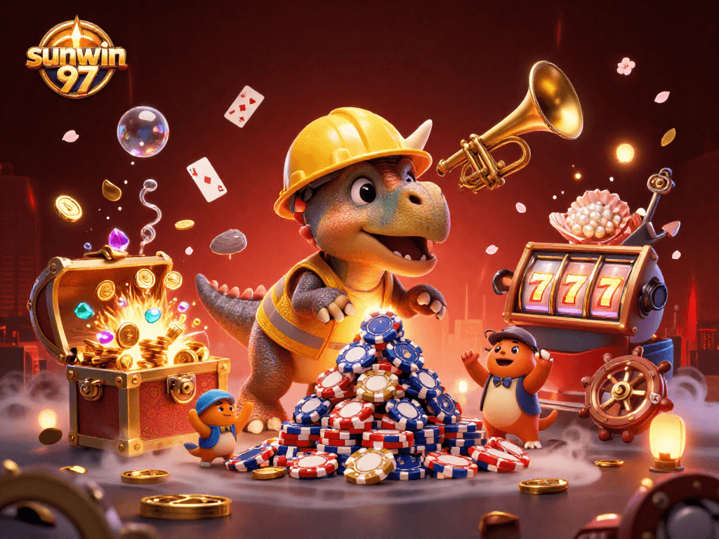 Experience thrilling gameplay with sunwin 97 as a triceratops builds poker chip pyramids in a vibrant casino scene.