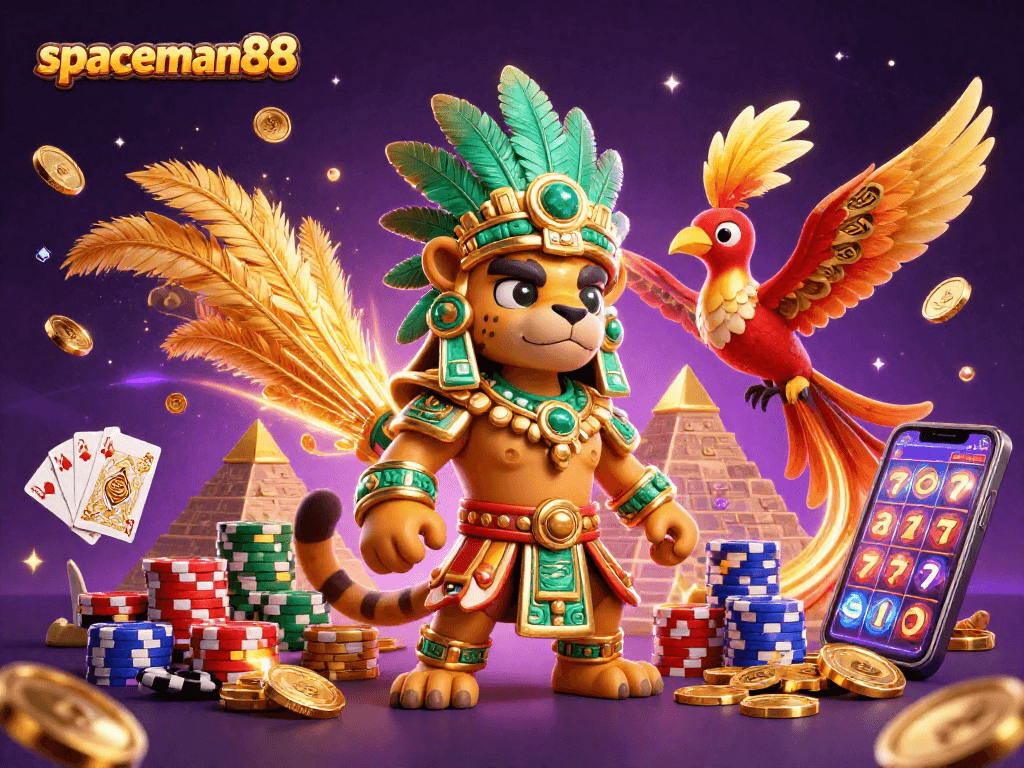 Experience the immersive fun of spaceman88 with a vibrant casino-themed illustration featuring dynamic gaming elements.