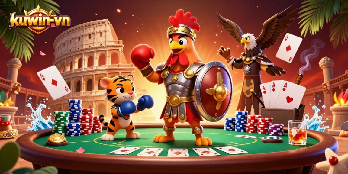 Immerse in kuwin-vn's thrilling gladiator rooster scene with poker elements and vibrant casino flair.