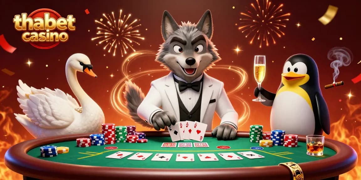 Experience thrilling action at thabet casino with card games, vibrant characters, and festive atmosphere.