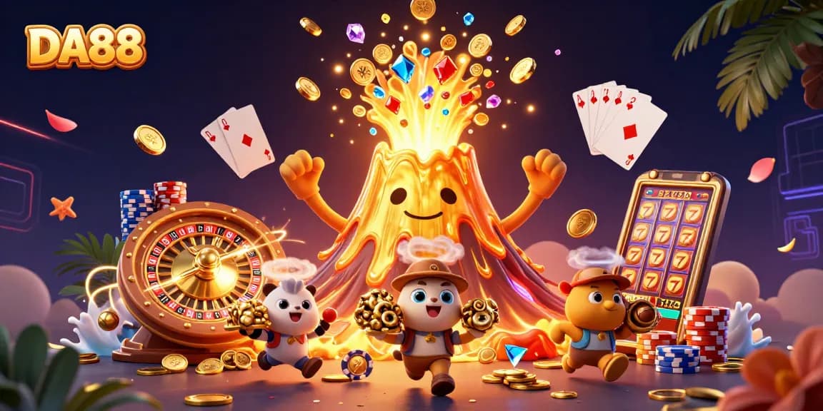 Spin the DA88 slots with excitement while coins and treasures cascade in a vibrant scene.