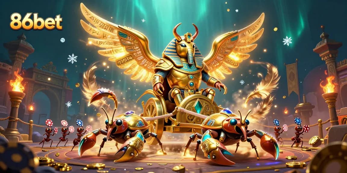 Experience thrilling gameplay at 86bet with a golden scarab, scorpions, and poker chips!