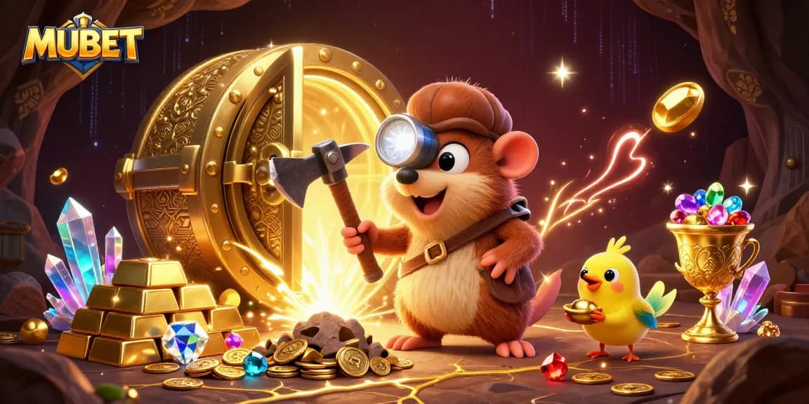 MUBET showcases a treasure hunter mole mining gems and gold in an enticing casino cave scene.