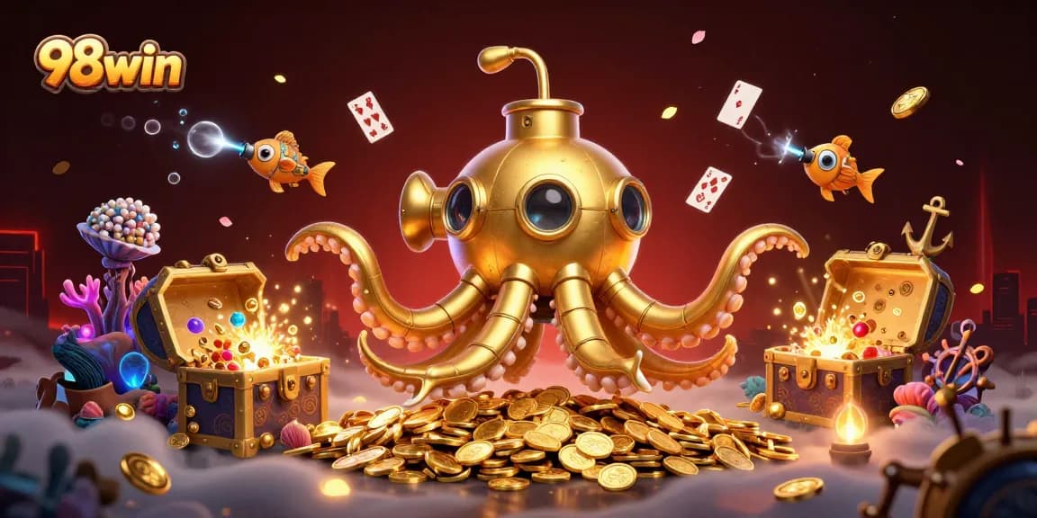 Immerse in the thrilling world of 98win with a golden kraken submarine amid riches.