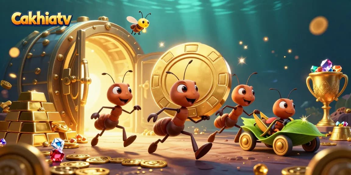 Cakhiatv enhances the online gambling experience with a dynamic scene of ants stealing a giant poker chip amidst gold treasures.