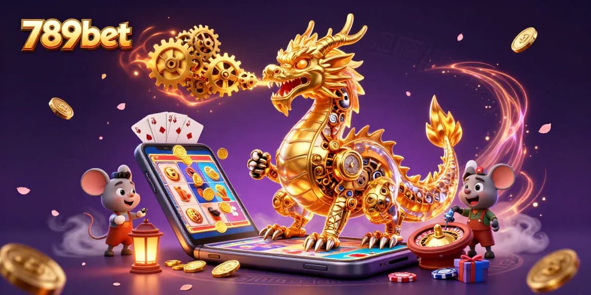 Engage with the dynamic world of 789bet, featuring a golden dragon and slot gaming elements in a vibrant scene.
