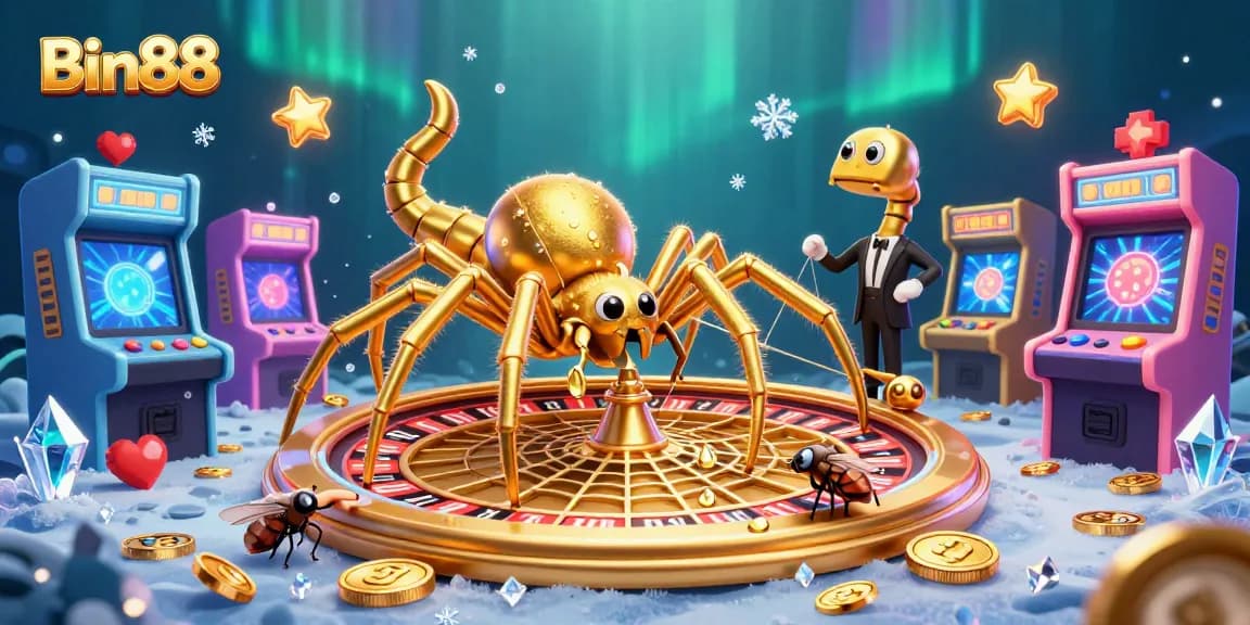 Place your bets at Bin88's vibrant casino with a spinning roulette web illustration!