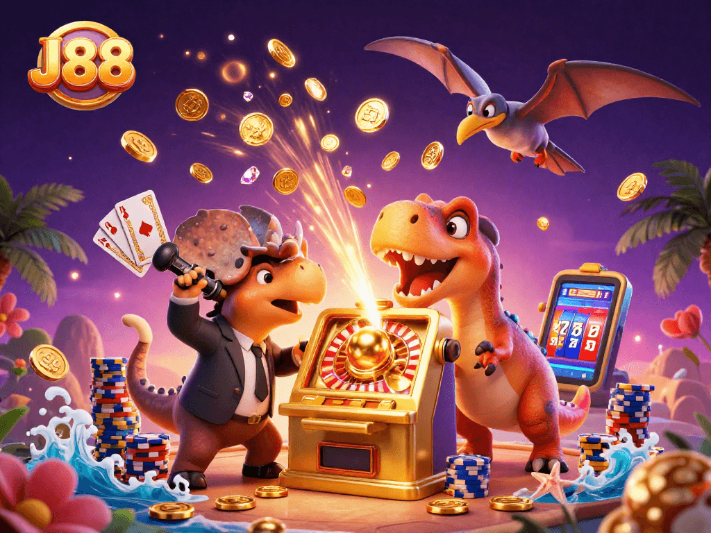 J88 casino scene with a pachycephalosaurus winning on a slot machine, surrounded by coins and vibrant casino elements.