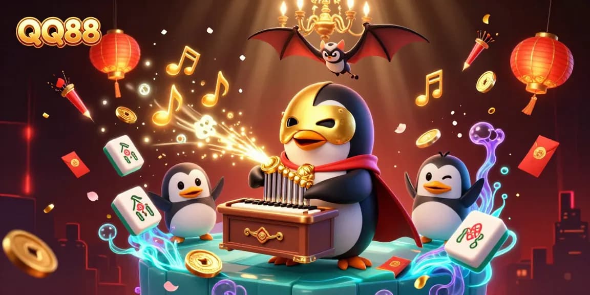 Experience QQ88 with vibrant casino-themed 3D illustration featuring a penguin playing an organ of winning coins.