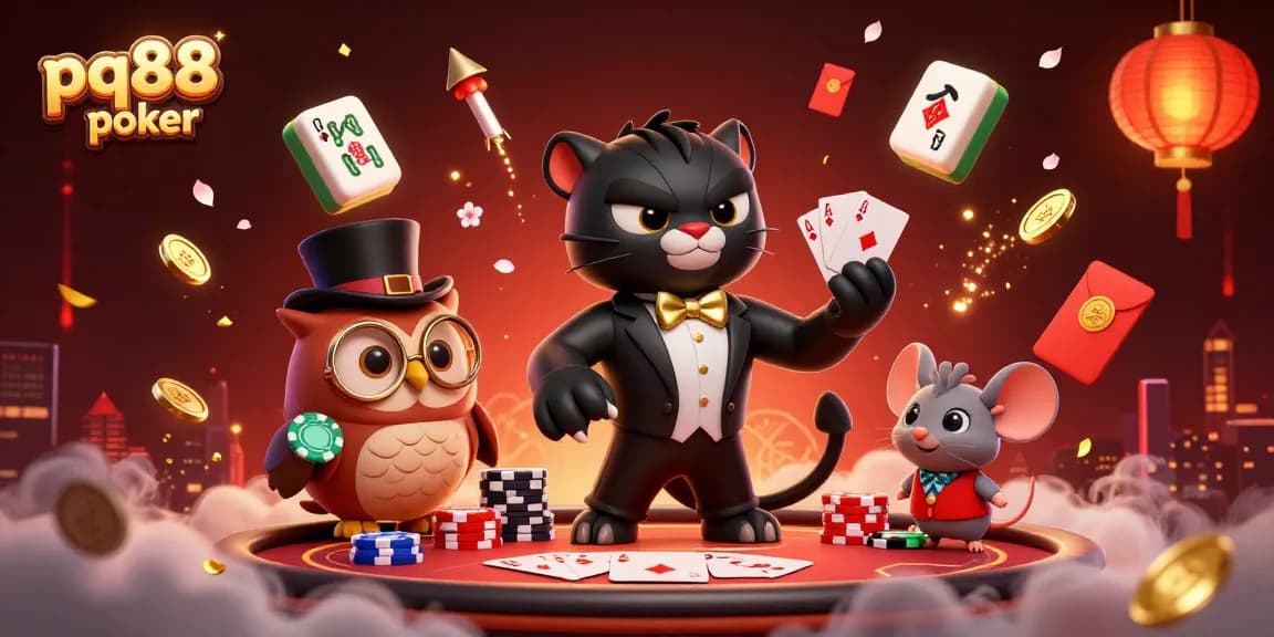 Join the fun at pq88 poker with a stylish panther dealer, an owl with chips, and a lucky mouse!