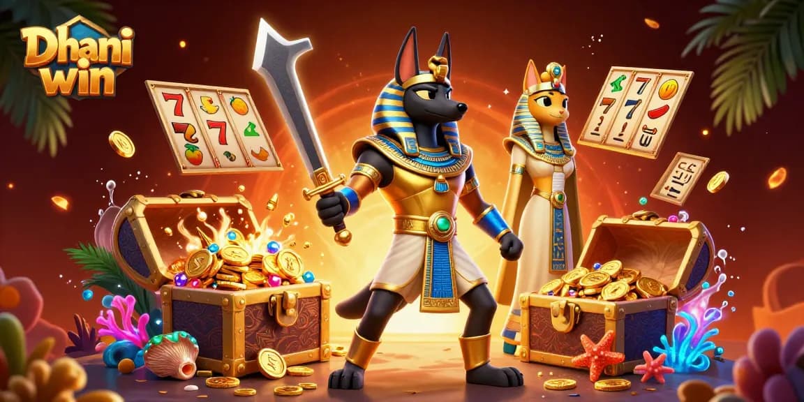 Engage in thrilling gameplay with Dhani win, showcasing ancient Egyptian characters and vibrant casino elements.