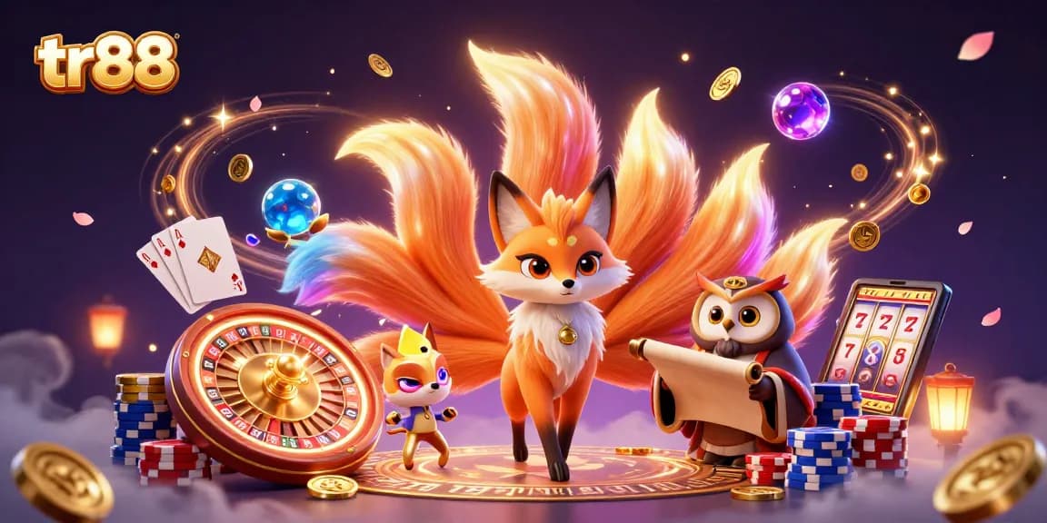 Spin the reels of tr88 with a vibrant 3D illustration showcasing a fox spirit, owl, and colorful casino elements.