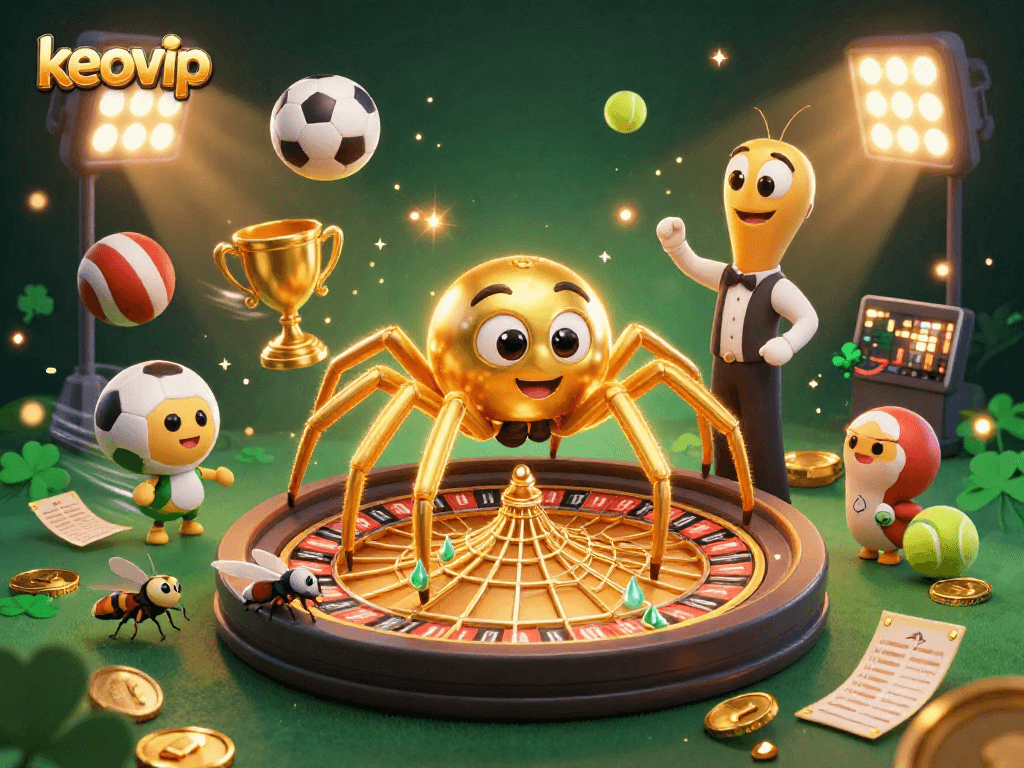 Experience betting excitement with keovip as a golden spider spins a roulette web.