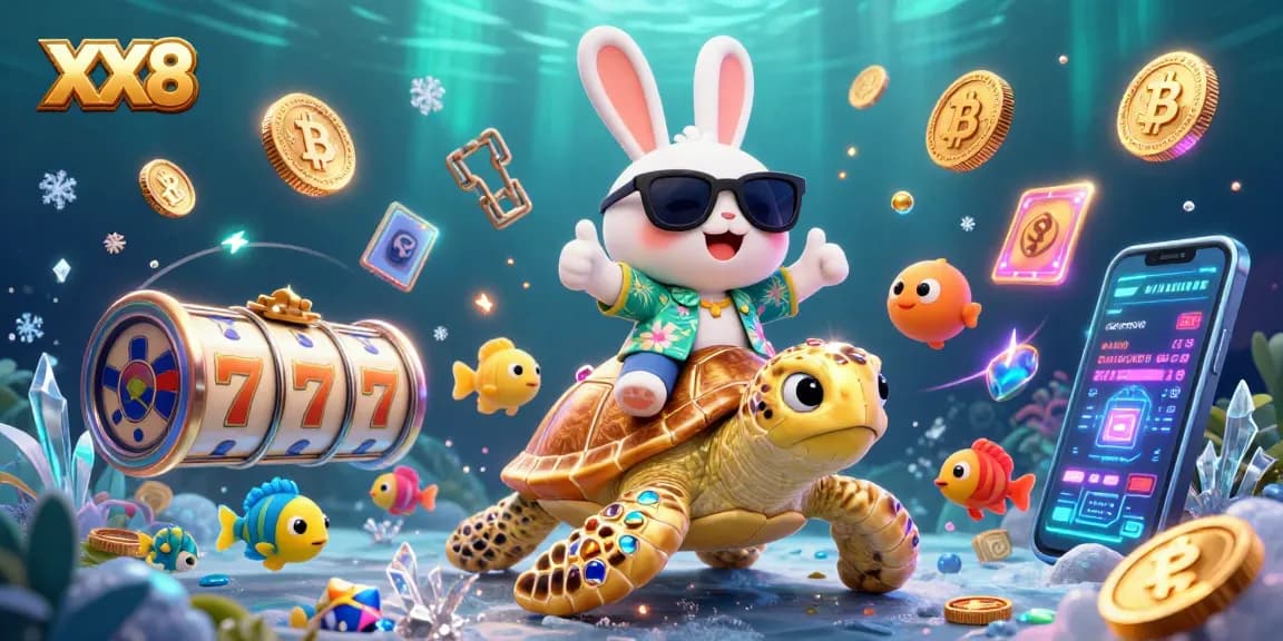 Play at XX8 casino with a lucky rabbit riding a sea turtle, surrounded by vibrant slot machines.