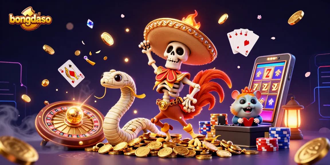 Bongdaso showcases a vibrant digital casino scene with a dancing mariachi rooster and exciting game elements.