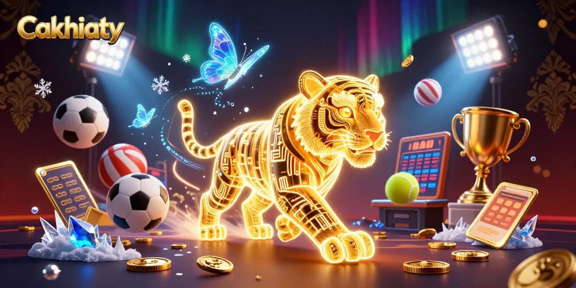 Cakhiatv showcases a vibrant dynamic scene in a digital casino with sports elements and a golden tiger.
