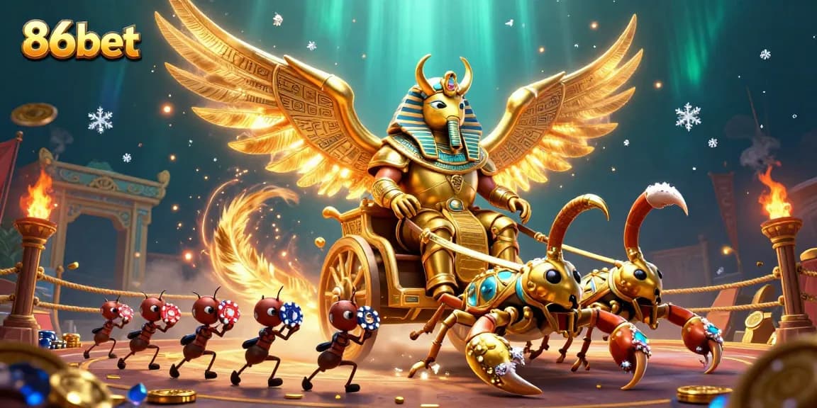 Engage with 86bet's vibrant gaming scene, featuring dynamic elements in a rich, colorful illustration.