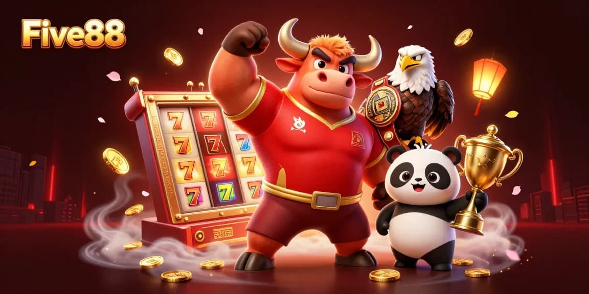Engage with exciting gaming adventures at Five88, featuring vibrant casino elements and thrilling characters.