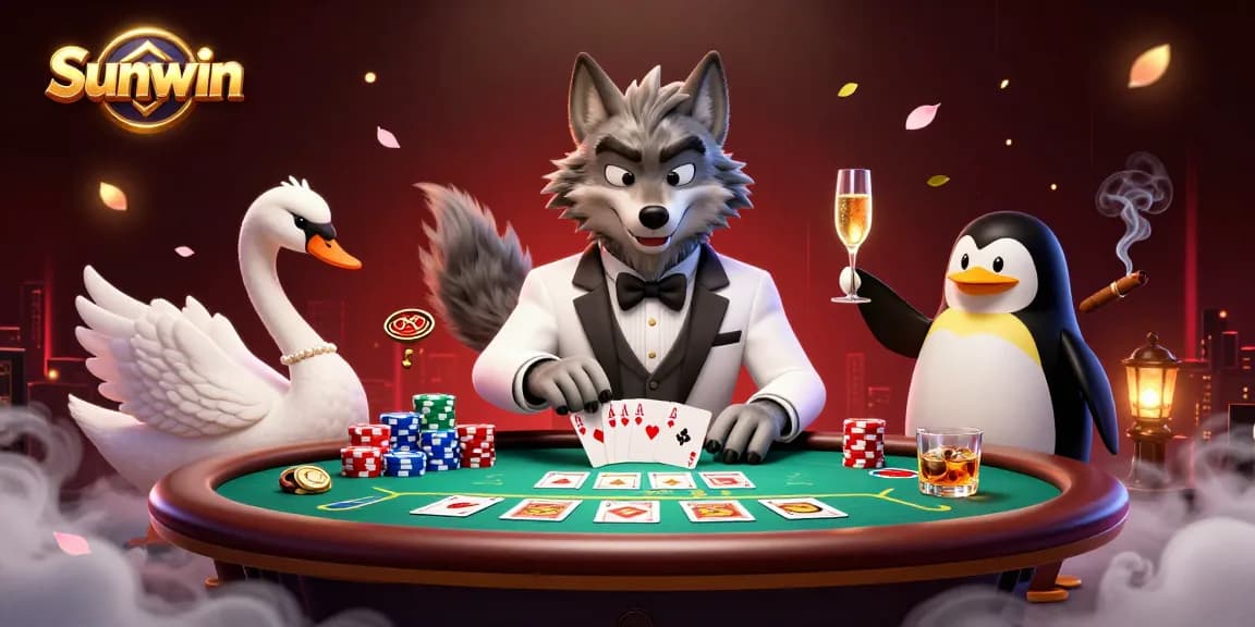Engage in exciting games at Sunwin with a debonair wolf and elegant swan amidst a bustling casino