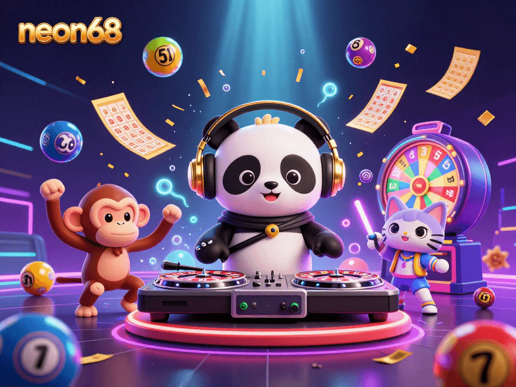 neon68 captures a DJ panda spinning roulette wheels in a vibrant casino atmosphere.
