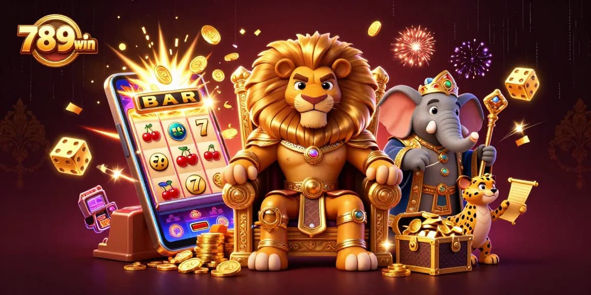 Experience thrilling wins at 789win with a dynamic scene of a lion king, elephant advisor, and cheetah messenger.