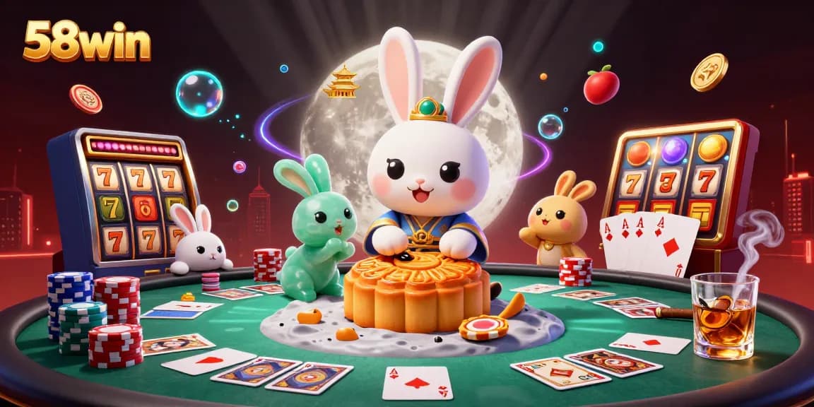 Experience the excitement of 58win with a lively scene of rabbits playing poker and winning jackpots.