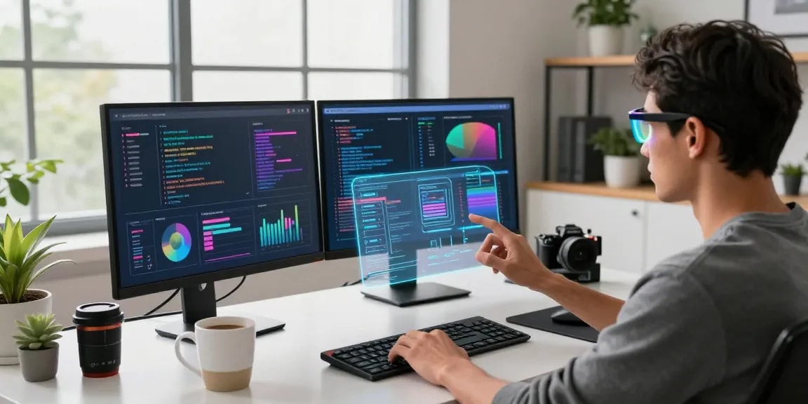 Innovative smart glasses worn by a professional in a tech workspace with holographic displays and modern gadgets.