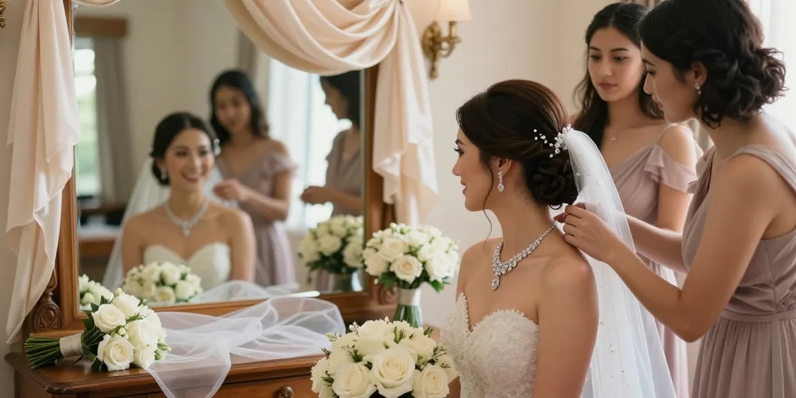 Beautiful bride showcasing a bridal diamond necklace while getting ready on her wedding day amidst soft light and elegant decor.