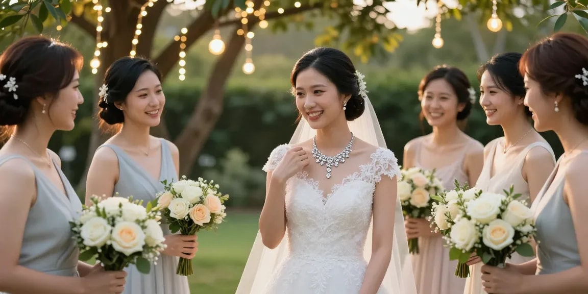 Bridal diamond necklace elegantly displayed on bride in outdoor garden setting during golden hour.
