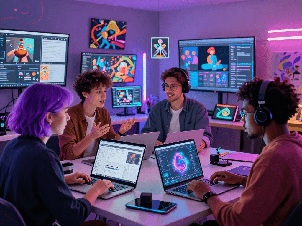 Diverse creators collaborating on NSFW AI art in a vibrant digital space, showcasing innovation and creativity.
