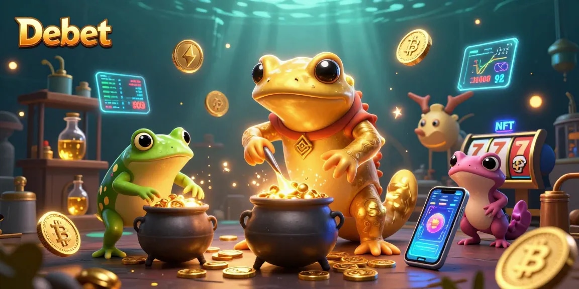 Engage with Debet's vibrant casino-themed illustration showcasing golden alchemy and thrilling gaming elements.