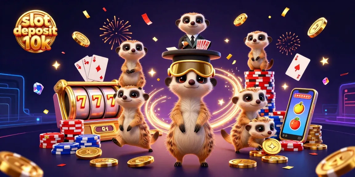 Experience the thrill of slot deposit 10k with lively meerkats managing a vibrant casino scene.