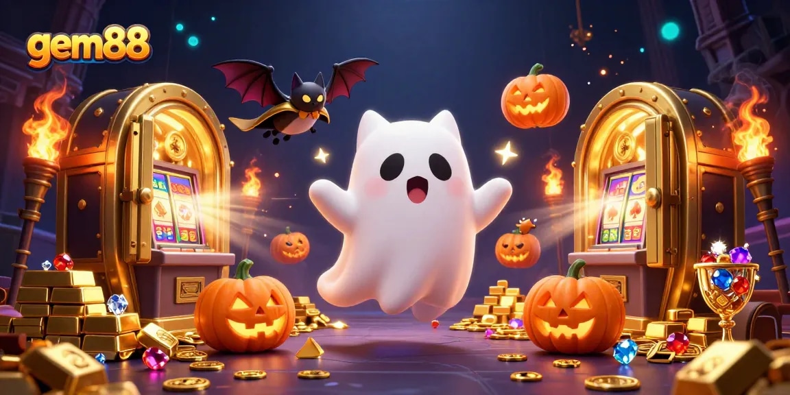 Join the fun at gem88 with vibrant casino elements, featuring a friendly ghost cat and bat companion.