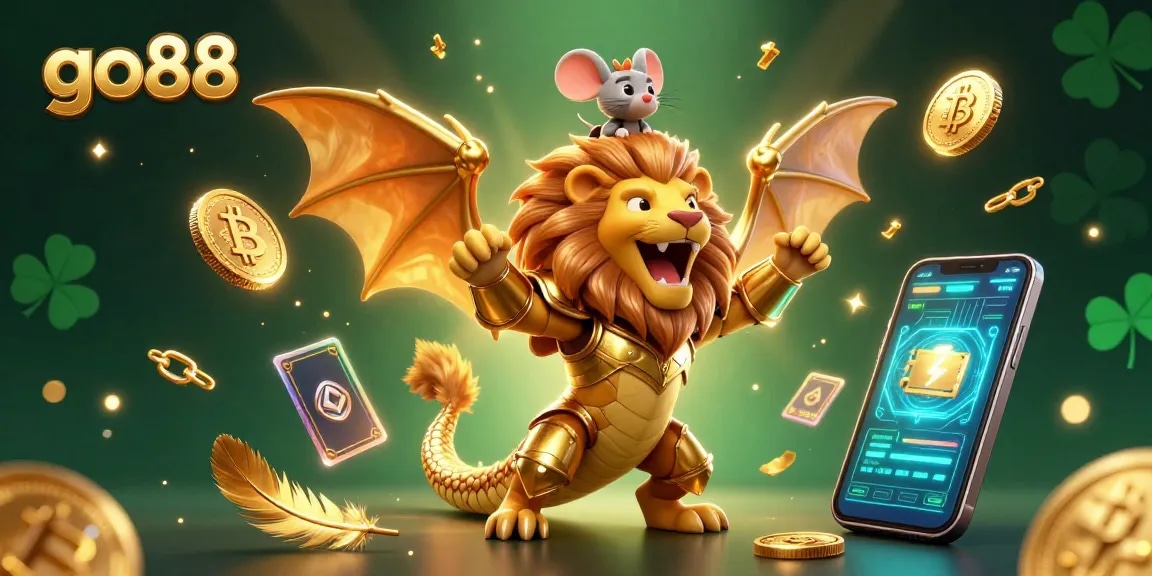 Experience the thrill of gaming at go88 with vibrant 3D animated chimeras and crypto elements.