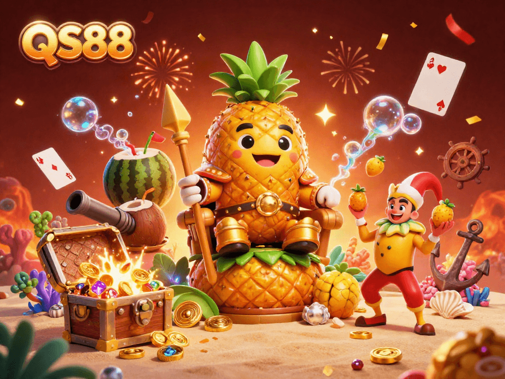 Experience exciting wins at QS88's vibrant casino in this ultra-detailed 3D cartoon illustration.
