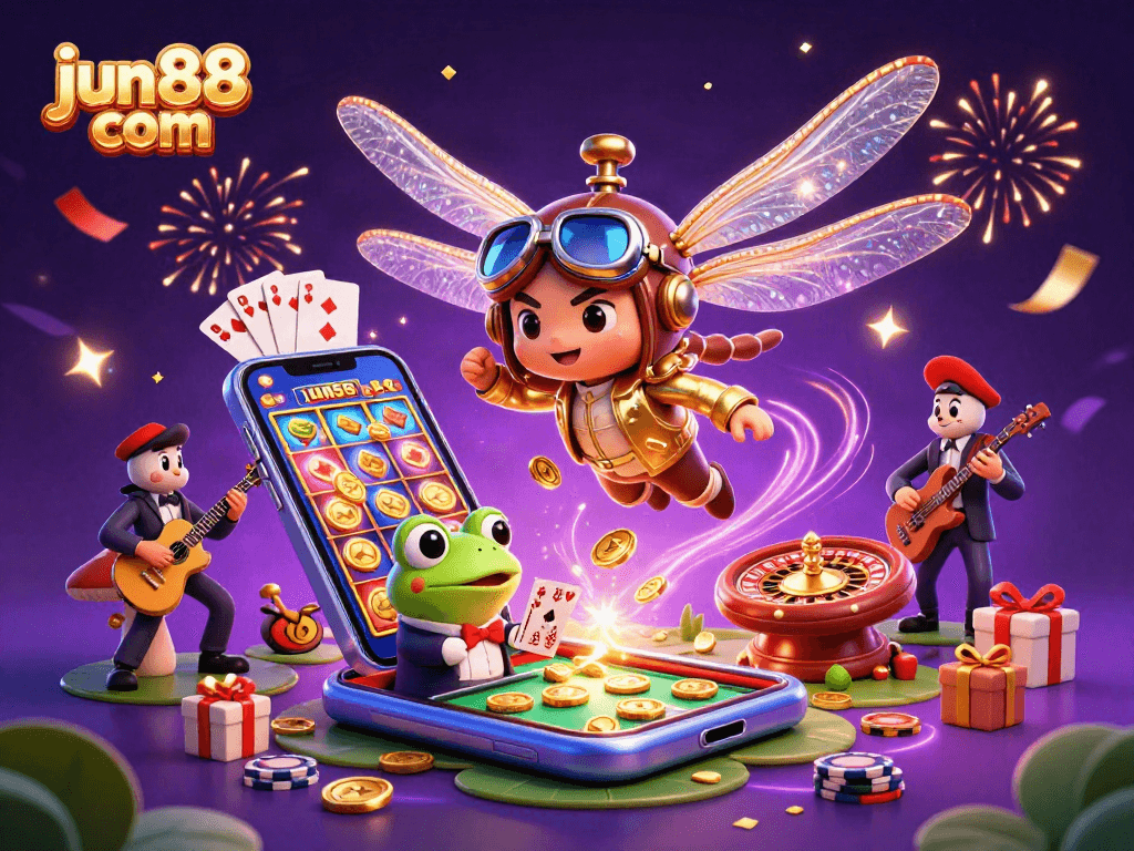 Experience the excitement of jun88 com as a frog croupier deals cards in a vibrant casino scene.