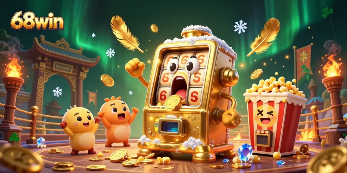 Experience the thrill of winning with 68win as golden slot machines celebrate jackpots amidst a vibrant casino scene.