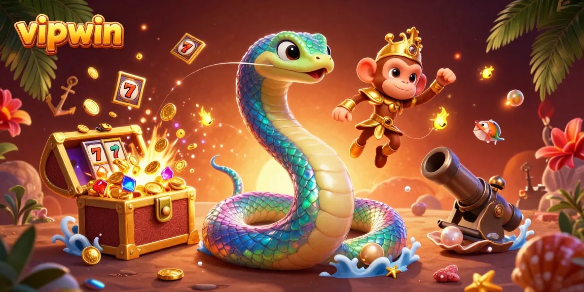 Experience the excitement of vipwin with vibrant casino elements and a playful monkey king in this dynamic scene.