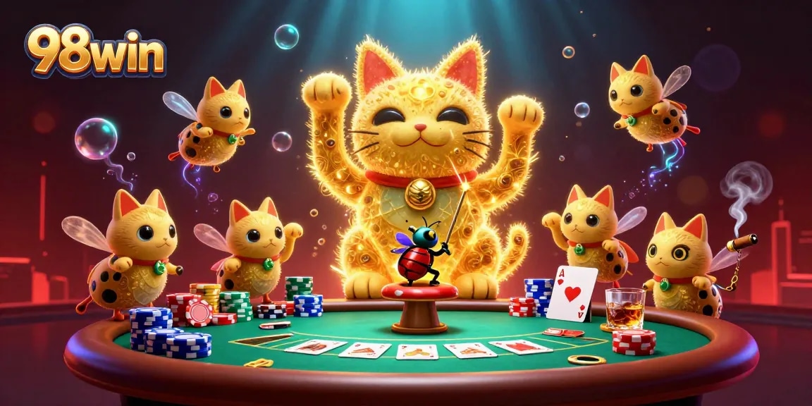 Experience 98win with a vibrant 3D cat formed by fireflies in a dynamic casino scene.