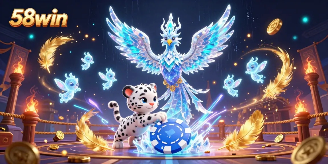 Engage with thrilling 58win experiences through vibrant scenes of ice phoenixes and vibrant gaming elements.