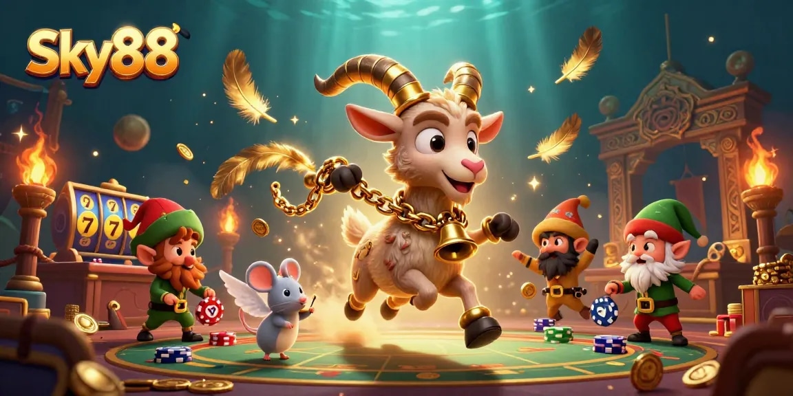 Experience the excitement of Sky88 with cartoon characters in a dynamic holiday-horror casino scene.