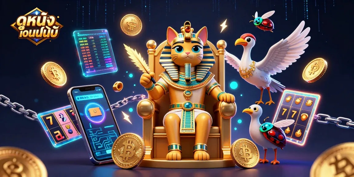 Engage with ดูหนังออนไลน์, featuring a pharaoh cat on a throne amidst slot machines and glowing crypto coins.
