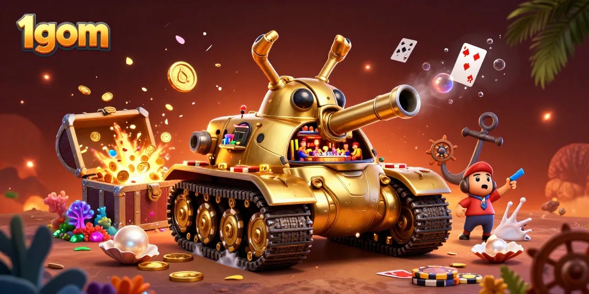 Engage with 1gom's lively casino scene showcasing a golden beetle tank with a casino inside, coins bursting out dynamically.