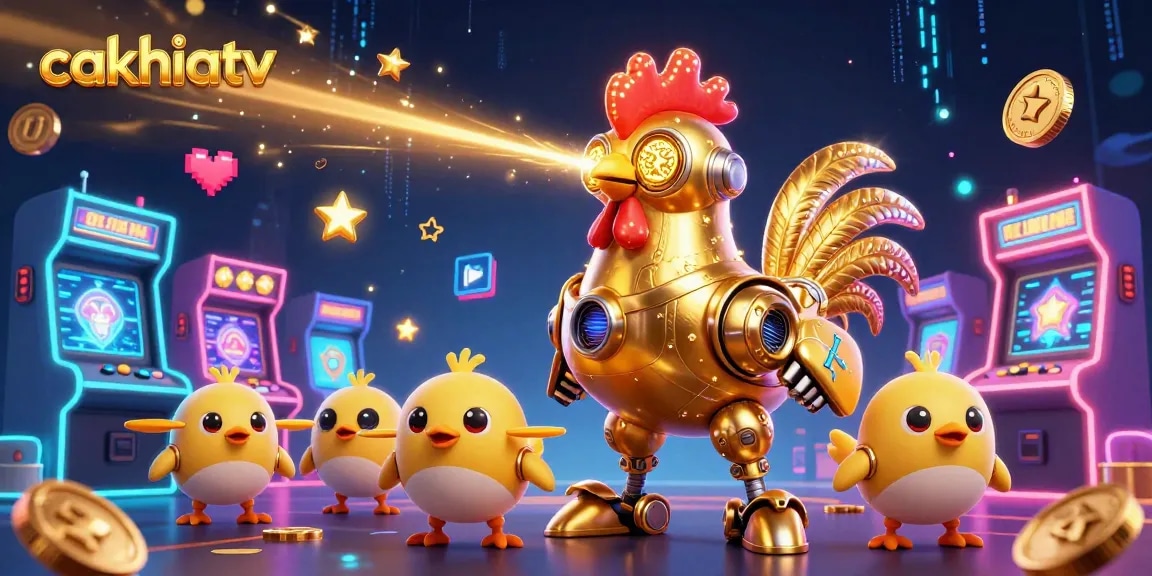 Cakhiatv engages viewers with vibrant betting action featuring a futuristic rooster robot and baby chick drones.
