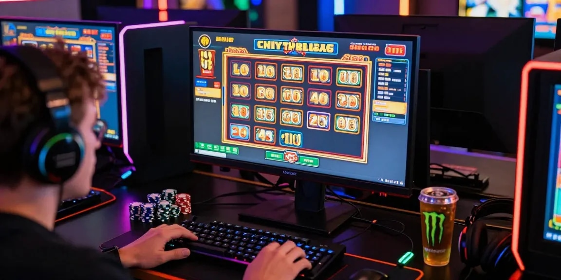 Situs slot deposit 10 ribu vibrant gaming setup with player immersed in thrilling online slot games.