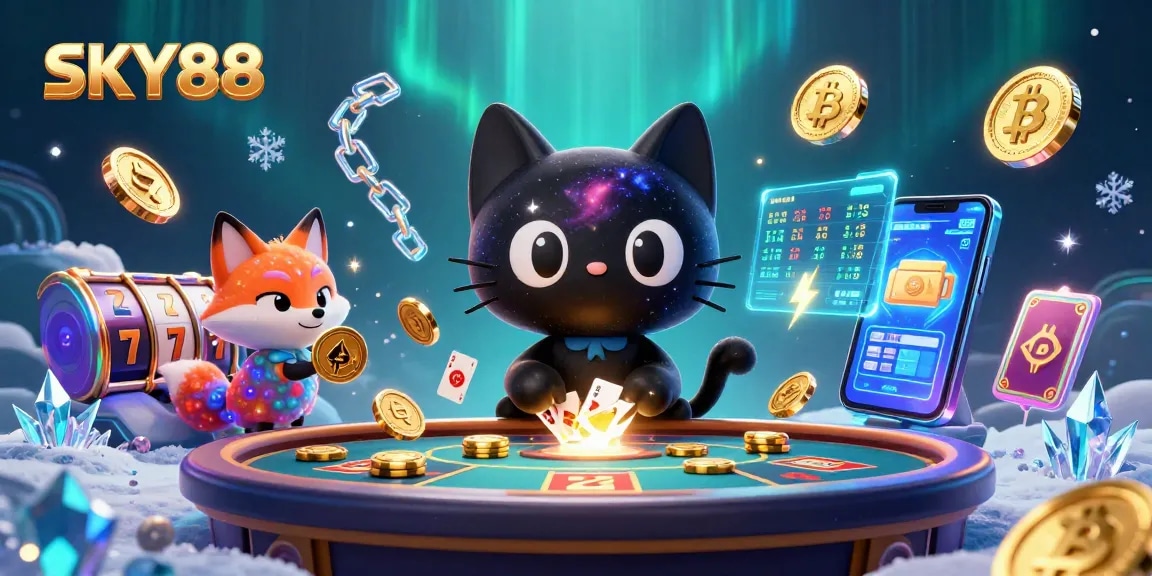 Engage with SKY88 in an exciting cosmic casino, featuring a black hole cat and vibrant elements.