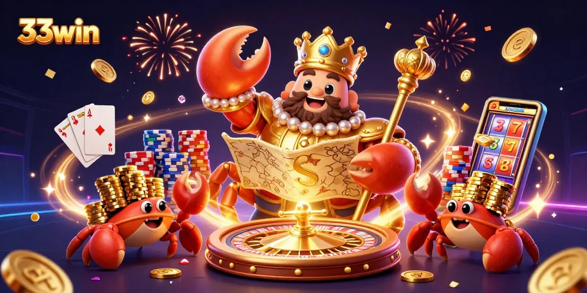 Engage in thrilling gameplay at 33win, featuring a crab emperor and treasure amidst golden coins and gems.