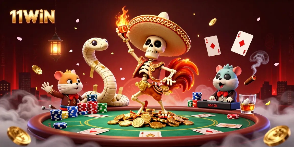 Engage with 11WIN as the mariachi rooster celebrates with golden coins and poker chips in a vibrant casino scene.