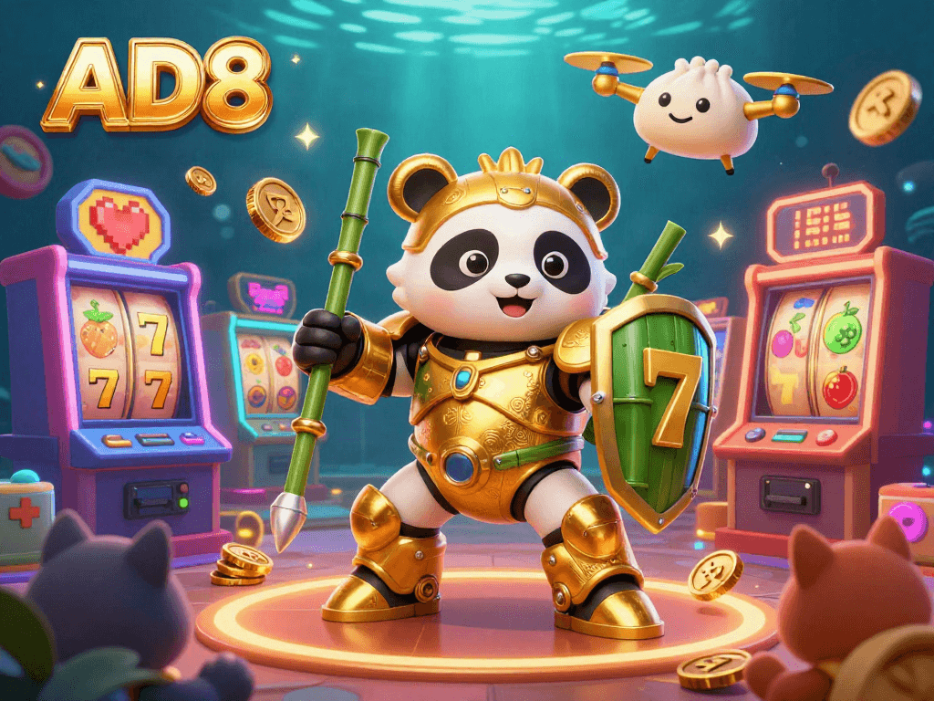 Immerse in the excitement of AD8 with a vibrant casino-themed 3D scene showcasing slot machines and dynamic elements.