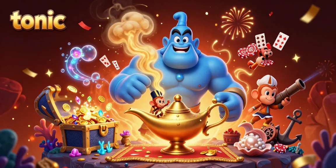 Tonic casino action scene with a playful genie, monkey, and poker chips amidst gold and lively cards.